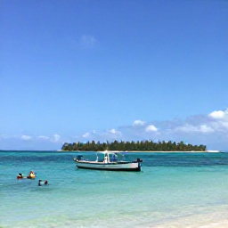 Caribbean Holidays, Cuba All Inclusive, A small Cuban fishing boat on calm turquoise water near a tropical island, with snorkellers and a bright blue sky