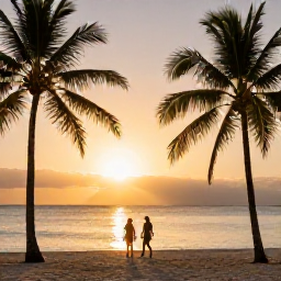 Caribbean Holidays, Cuba All Inclusive, A warm Cuban sunset over a palm-fringed beach, with a couple walking beside the calm Caribbean Sea