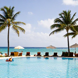 Caribbean Holidays, Cuba All Inclusive, An inviting Cuban resort pool beside the Caribbean Sea, with palm trees, sun loungers and guests enjoying a relaxed afternoon