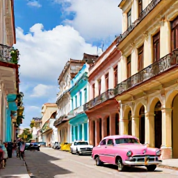 Caribbean Holidays, Cuba All Inclusive, Colourful classic American cars and colonial buildings along a lively street in Old Havana, Cuba