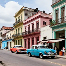 Caribbean Holidays, Cuba All Inclusive, Colourful classic American cars on a lively Havana street near historic colonial buildings and a small local caf&eacute;