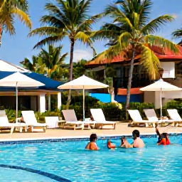 Caribbean Holidays, Cuba All Inclusive, Friendly travellers enjoying a colourful Cuban resort pool with palm trees, sun loungers and a relaxed holiday atmosphere