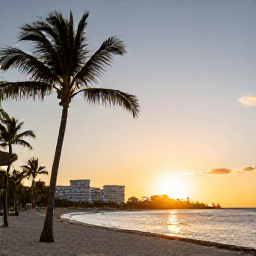 Caribbean Holidays, Cuba All Inclusive, Sunset over a peaceful Cuban beach with palm trees, warm golden light and a welcoming all-inclusive resort in the background