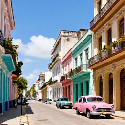 Caribbean Holidays, Cuba Backpacking, Colourful vintage cars and colonial buildings along a sunny Havana street