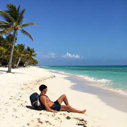 Caribbean Holidays, Cuba Backpacking February, A backpacker relaxing on a quiet white-sand beach in Cuba with turquoise sea and palm trees under a clear sky