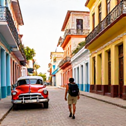 Caribbean Holidays, Cuba Backpacking February, A backpacker walking through a colourful colonial street in Havana, Cuba, with classic American cars and warm February sunshine