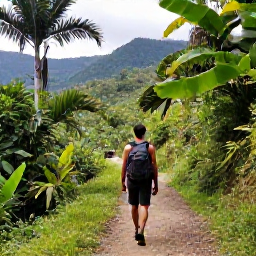 Caribbean Holidays, Cuba Backpacking, Green mountains, tropical forest and a backpacker walking on a trail in Vi&ntilde;ales Valley, Cuba