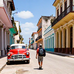 Caribbean Holidays, Cuba Backpacking January, A backpacker walking through a sunny colonial street in Havana, Cuba, with colourful classic cars and restored buildings
