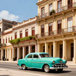Caribbean Holidays, Cuba Beach Holidays, A colourful classic American car passing colonial buildings in Havana, Cuba, under warm May sunshine