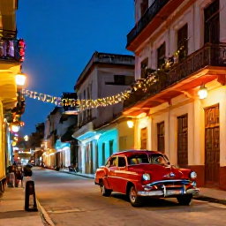 Caribbean Holidays, Cuba Beach Holidays, A colourful Cuban street in Havana at Christmas time, classic cars, colonial buildings, festive decorations and warm evening light