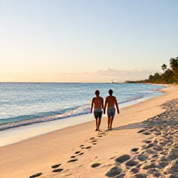 Caribbean Holidays, Cuba Beach Holidays, A couple walking along a quiet Cuban beach at sunrise, with footprints in the sand and calm blue water