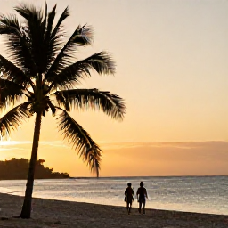 Caribbean Holidays, Cuba Beach Holidays, A couple walking along a quiet Cuban beach at sunset in December, soft golden light, palm silhouettes and calm Caribbean water
