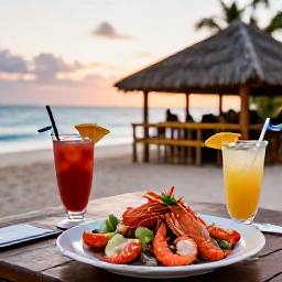 Caribbean Holidays, Cuba Beach Holidays, A Cuban seaside restaurant serving fresh seafood and tropical drinks beside a beach, with warm evening light