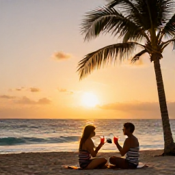 Caribbean Holidays, Cuba Beach Holidays, A friendly Cuban beach resort scene with a couple enjoying a sunset drink beside palm trees and the Caribbean Sea