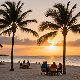 Caribbean Holidays, Cuba Beach Holidays, A relaxed Cuban beach resort at sunset with palm trees, soft golden light and guests dining beside the sea