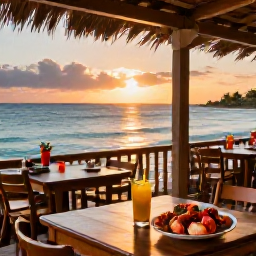 Caribbean Holidays, Cuba Beach Holidays, A relaxed Cuban seaside restaurant at sunset in February, with fresh seafood, tropical drinks and tables overlooking the Caribbean Sea