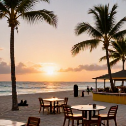 Caribbean Holidays, Cuba Beach Holidays, A relaxed evening scene at a Cuban beach resort, with a sunset over the sea, palm trees and outdoor dining