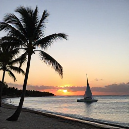 Caribbean Holidays, Cuba Beach Holidays, A small catamaran sailing beside a Cuban beach at sunset, with calm turquoise sea and silhouettes of palm trees