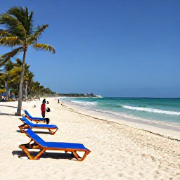 Caribbean Holidays, Cuba Beach Holidays, A wide Cuban beach with sun loungers, gentle waves, palm trees and visitors enjoying a peaceful January holiday