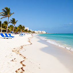 Caribbean Holidays, Cuba Beach Holidays, A wide white-sand beach at Varadero, Cuba, with turquoise Caribbean water, sun loungers and palm trees