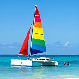 Caribbean Holidays, Cuba Beach Holidays, Colourful catamaran sailing along the Cuban coast in bright sunshine, with snorkellers enjoying clear blue Caribbean water