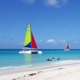 Caribbean Holidays, Cuba Beach Holidays, Colourful catamaran sailing along the Cuban coast near a sandy beach, with snorkellers, clear blue water and a sunny sky