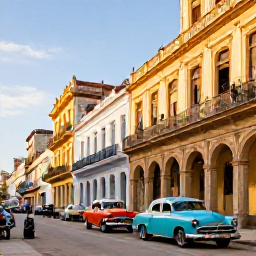 Caribbean Holidays, Cuba Beach Holidays, Colourful classic American cars on a street in Havana near historic buildings, with warm winter sunlight and local life