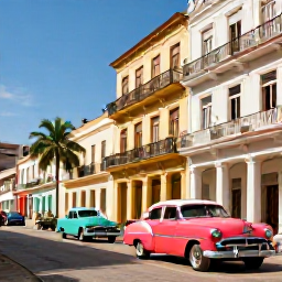 Caribbean Holidays, Cuba Beach Holidays, Colourful classic American cars on a sunny street in Havana, Cuba, with colonial buildings and palm trees