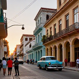 Caribbean Holidays, Cuba Beach Holidays, Colourful Cuban street in Havana at sunset, with classic American cars, colonial buildings and locals enjoying an evening