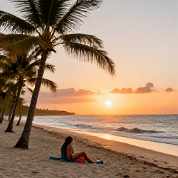 Caribbean Holidays, Cuba Beach Holidays, Couple relaxing on a Cuban beach at sunset, gentle waves, warm light and palm trees creating a peaceful holiday scene