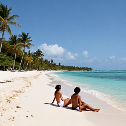 Caribbean Holidays, Cuba Beach Holidays, Couple relaxing on a quiet Cuban beach in November, clear shallow sea, soft sunlight and palm-fringed shoreline