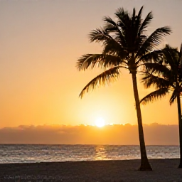 Caribbean Holidays, Cuba Beach Holidays, Cuban beach resort at sunset in July, with palm trees, calm sea and warm golden light