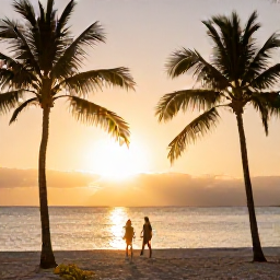 Caribbean Holidays, Cuba Beach Holidays, Cuban beach resort at sunset with palm trees, warm golden light, calm sea and a couple walking along the shore