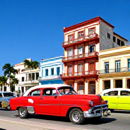 Caribbean Holidays, Cuba Beach Holidays, Cuban holiday scene with colourful classic cars, historic Havana buildings and palm trees under a clear blue sky