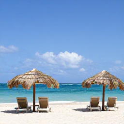 Caribbean Holidays, Cuba Beach Holidays, Holidaymakers relaxing beneath palm parasols on a calm Cuban beach, with clear blue sea and a blue sky