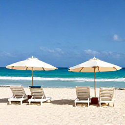 Caribbean Holidays, Cuba Beach Holidays, Holidaymakers relaxing on Varadero beach with sun loungers, umbrellas and calm Caribbean sea under a clear sky
