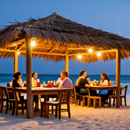 Caribbean Holidays, Cuba Beach Holidays, Outdoor Cuban restaurant beside a sandy beach, with local food, colourful drinks and a relaxed evening atmosphere