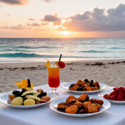 Caribbean Holidays, Cuba Beach Holidays, Outdoor table at a relaxed Cuban beach resort, with fresh seafood, tropical fruit and drinks overlooking the sea at sunset
