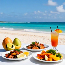 Caribbean Holidays, Cuba Beach Holidays, Outdoor table with Cuban seafood, fresh tropical fruit and a chilled drink beside a sunny beach resort