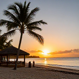 Caribbean Holidays, Cuba Beach Holidays, Peaceful Cuban beach at sunset with golden light, palm silhouettes and calm waves beside a comfortable resort