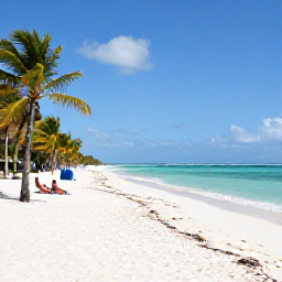 Caribbean Holidays, Cuba Beach Holidays, Quiet white-sand beach in Varadero, Cuba, with turquoise water, palm trees and a few relaxed sunbathers