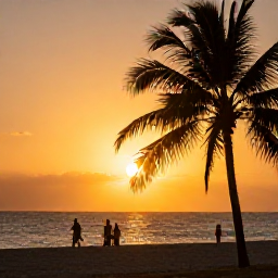 Caribbean Holidays, Cuba Beach Holidays, Relaxed Cuban beach resort at sunset in August, with palm silhouettes, warm golden light and guests walking beside the sea