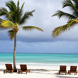Caribbean Holidays, Cuba Beach Holidays, Relaxed Cuban beach resort in June with palm trees, sun loungers, turquoise sea and a brief tropical shower in the distance