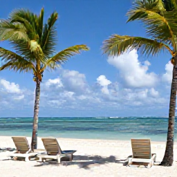 Caribbean Holidays, Cuba Beach Holidays, Relaxed Cuban beach resort scene in September with sun loungers, palm trees, calm turquoise sea and scattered clouds