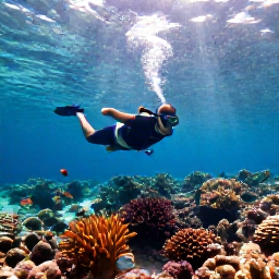 Caribbean Holidays, Cuba Beach Holidays, Snorkeller exploring colourful coral reef in clear Cuban Caribbean water, with tropical fish and sunlight filtering from above