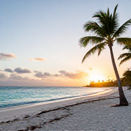 Caribbean Holidays, Cuba Beach Holidays, Sunrise over a calm white-sand beach in Cuba, turquoise Caribbean water, palm trees and a relaxed January atmosphere