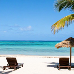 Caribbean Holidays, Cuba Beach Holidays, Traveller relaxing on a sunny Cuban beach beside calm turquoise water, with a shaded sun lounger and palm-fringed coastline