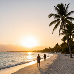 Caribbean Holidays, Cuba Beach Holidays, Traveller walking along a Cuban beach at sunset, with calm turquoise water, palm trees and a warm golden sky