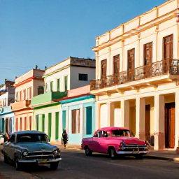 Caribbean Holidays, Cuba Beach Holidays, Travellers exploring a colourful Cuban street near the coast, classic cars, pastel buildings and local life in warm winter sunshine