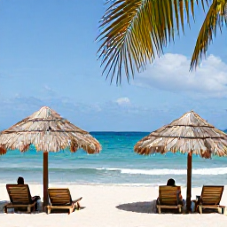 Caribbean Holidays, Cuba Beach Holidays, Travellers relaxing beneath palm umbrellas on a calm Caribbean beach in Varadero, Cuba, with clear blue water and light sea breezes